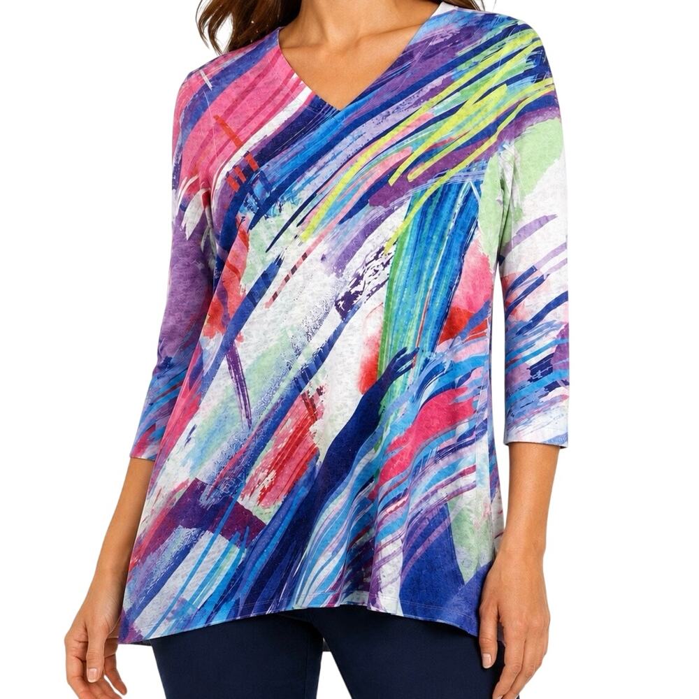 Jess & Jane Sz Small Purple Pink Wearable Art Stretchy Blouse Shirt Top Artsy